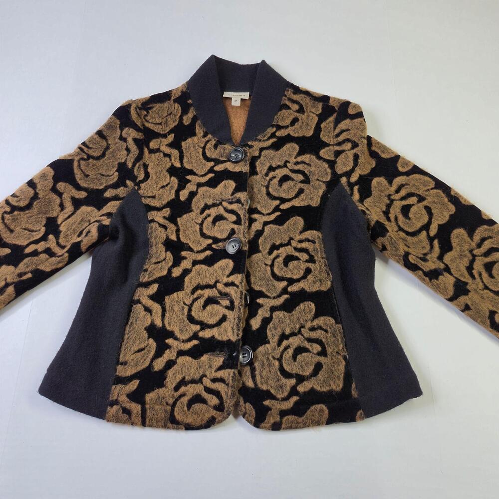 Venario Cardigan Sweater Womens Medium Black Floral Button Front Collared Knit